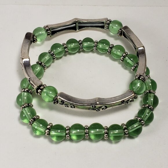 Women's Set Of 2 Silver & Green  Beaded Stretchy Bracelet -  Fashion Jewelry - Picture 6 of 7